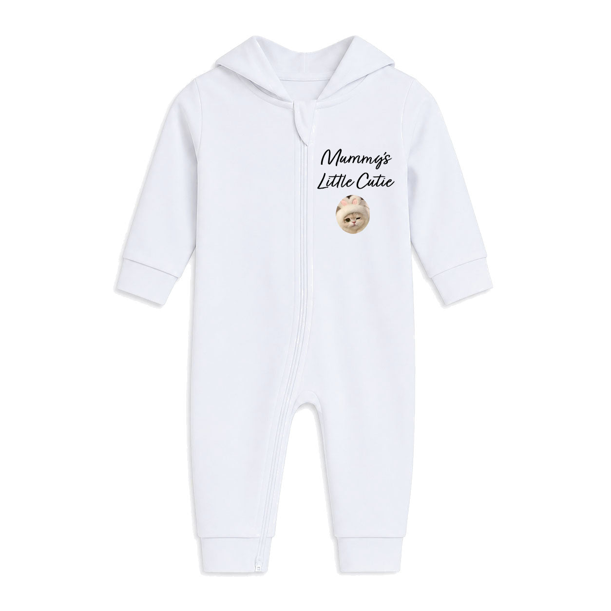 A white long-sleeve baby hooded jumpsuit with a front zipper, featuring the text 'Mumma's Little Cuddie' and a small teddy bear graphic on the chest.