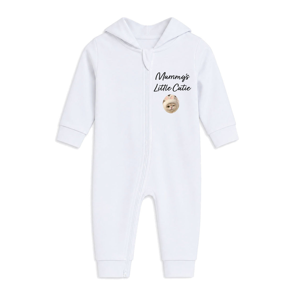 A white long-sleeve baby hooded jumpsuit with a front zipper, featuring the text 'Mumma's Little Cuddie' and a small teddy bear graphic on the chest.
