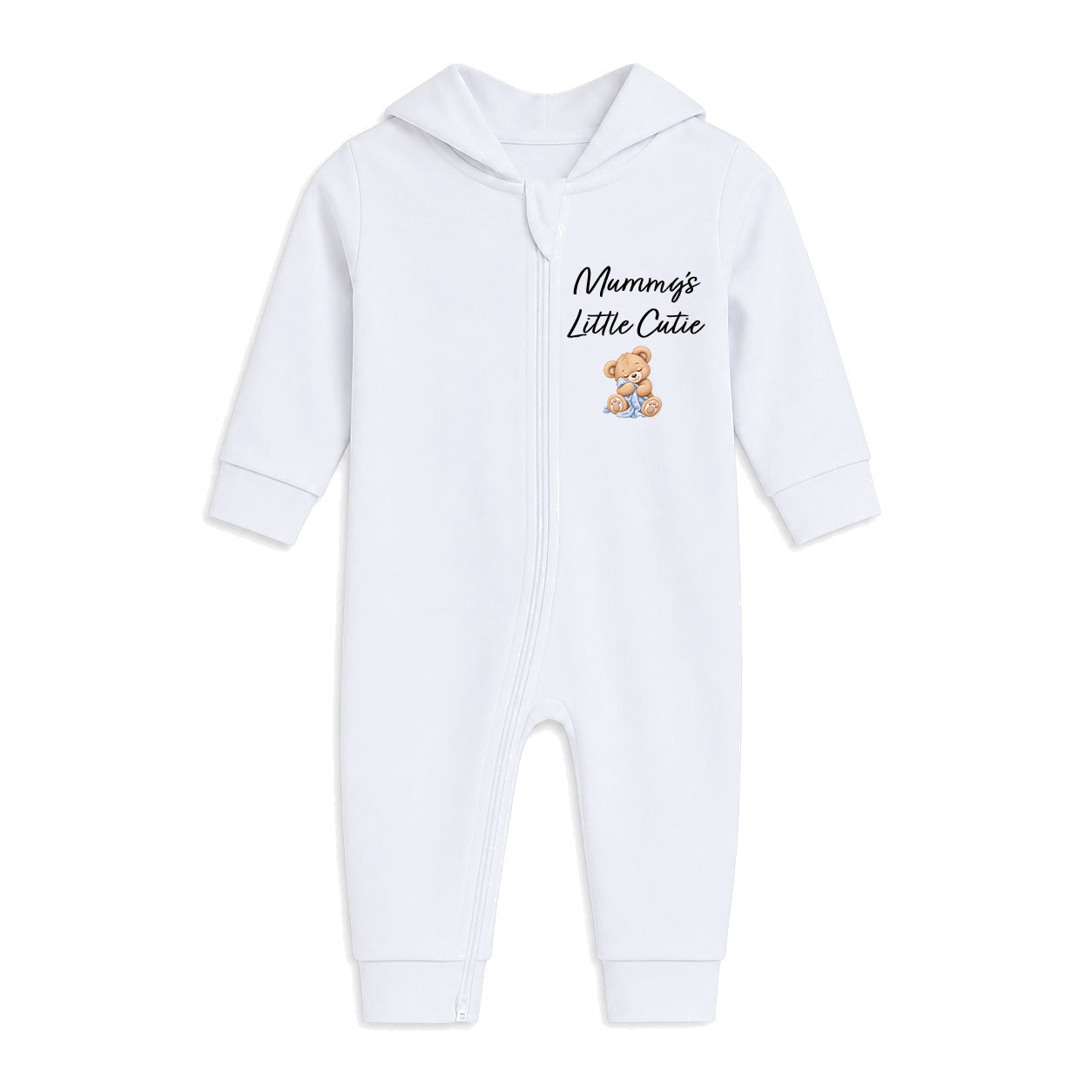 A white long-sleeve baby hooded jumpsuit with a front zipper, featuring the text 'Mumma's Little Cuddie' and a small teddy bear graphic on the chest.