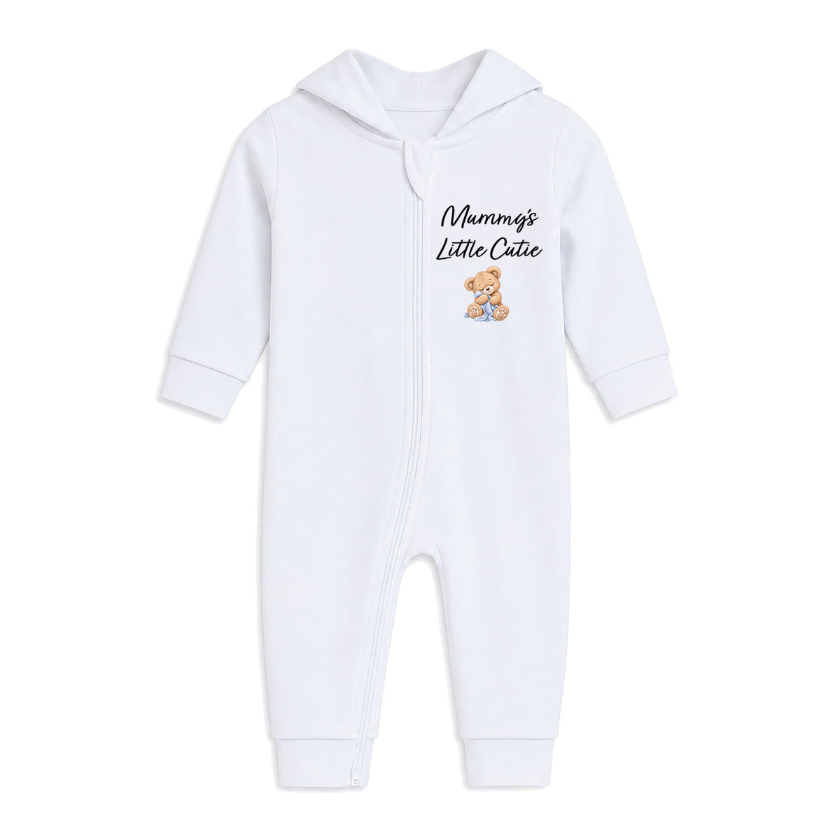 A white long-sleeve baby hooded jumpsuit with a front zipper, featuring the text 'Mumma's Little Cuddie' and a small teddy bear graphic on the chest.
