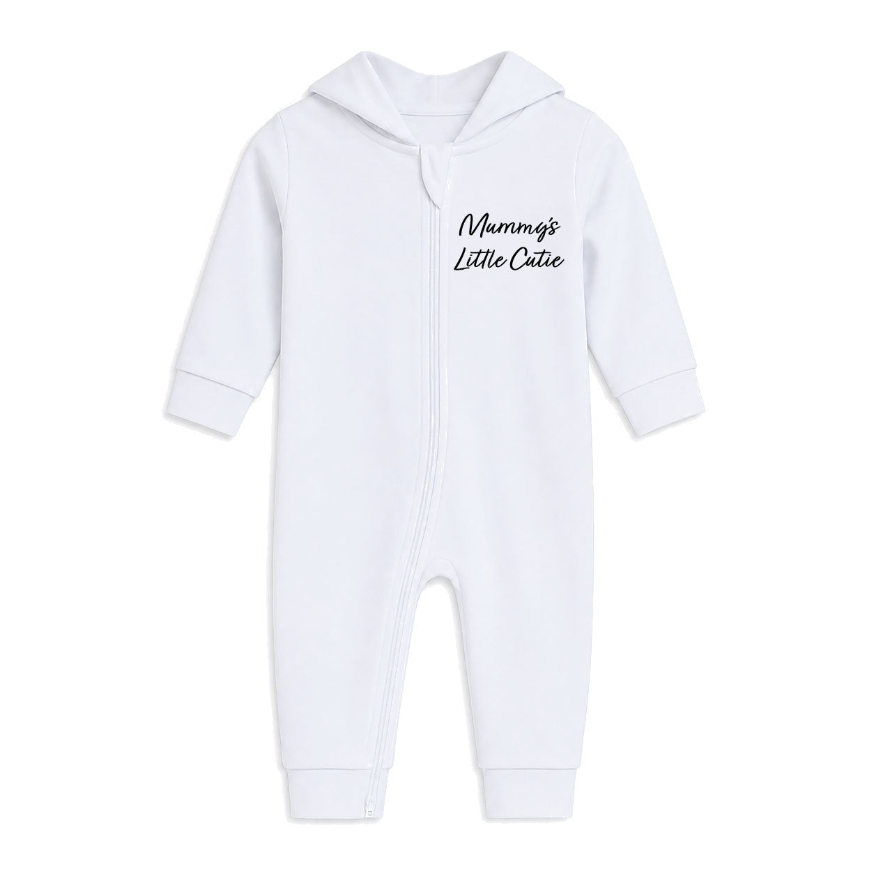 A white long-sleeve baby hooded footless one-piece jumpsuit with a front zipper and the text 'Mumma's Little Catie' printed in black script on the left chest, shown against a plain white background.