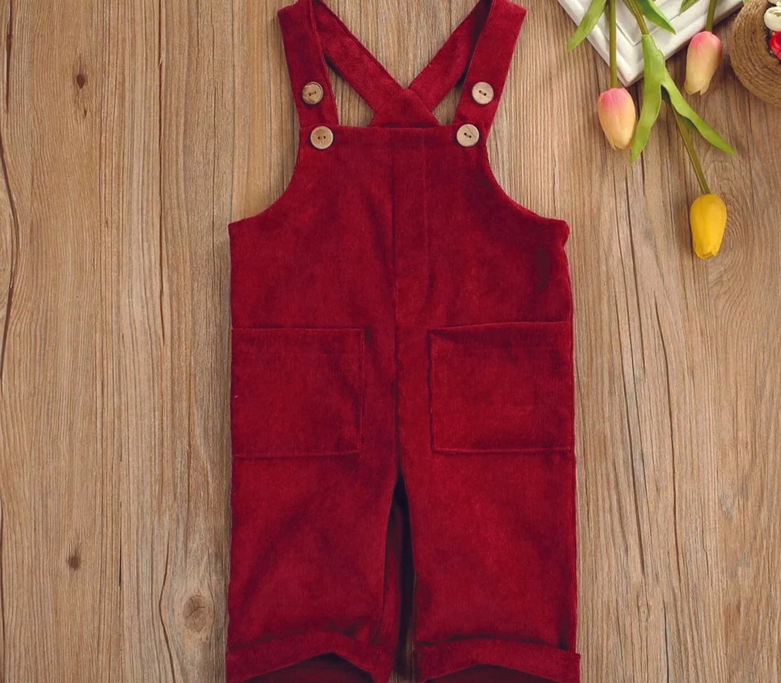 Classic dark red baby dungarees – vintage corduroy-inspired toddler romper overalls