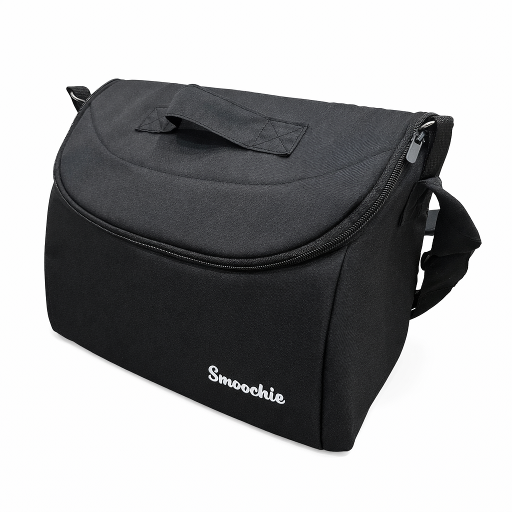 Black cooler bag with 'Smoochie' branding on a white background