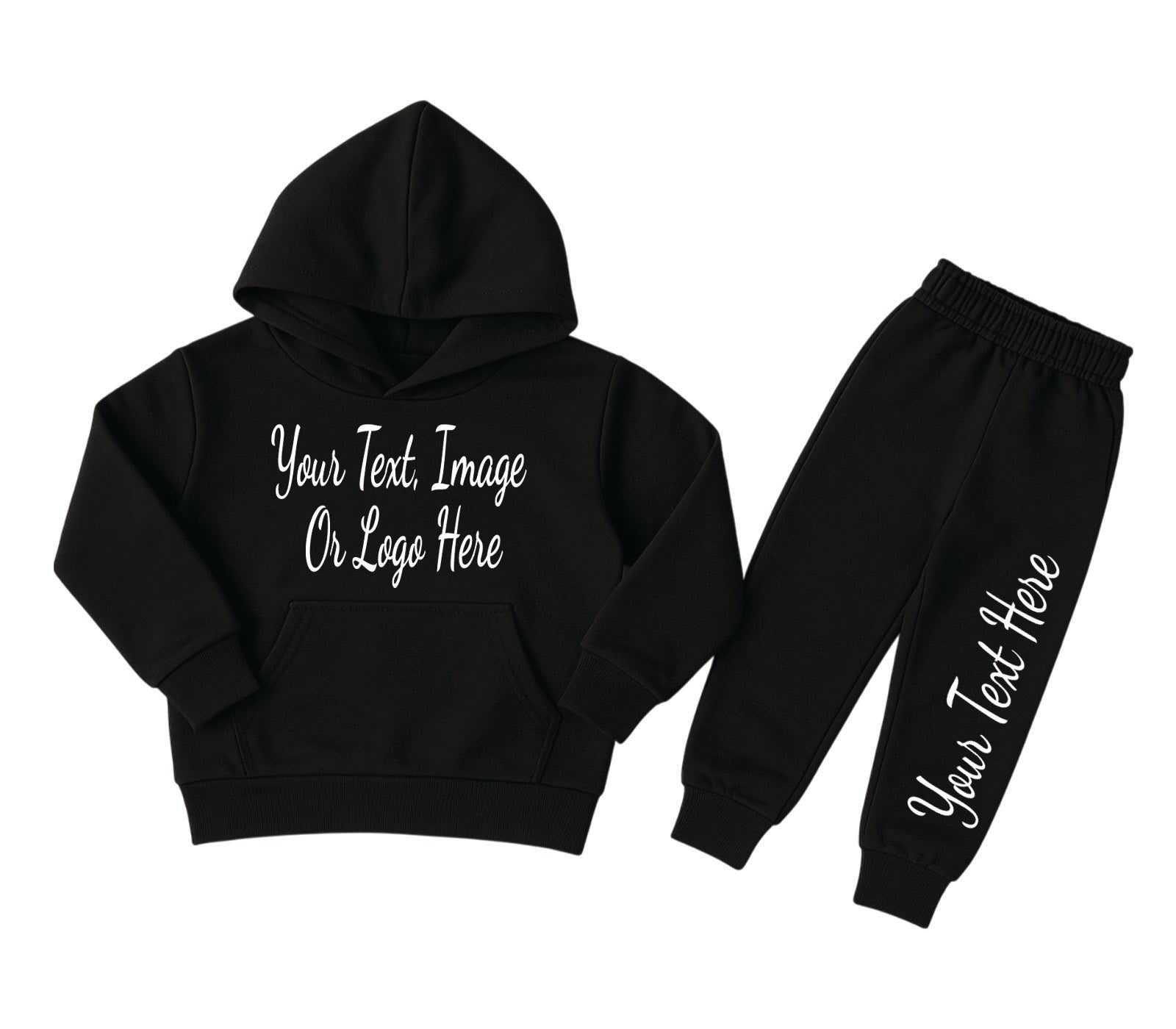Front view of a black kids' tracksuit for ages 1 to 6, featuring a zip-up hoodie and jogger pants – perfect toddler and preschool activewear