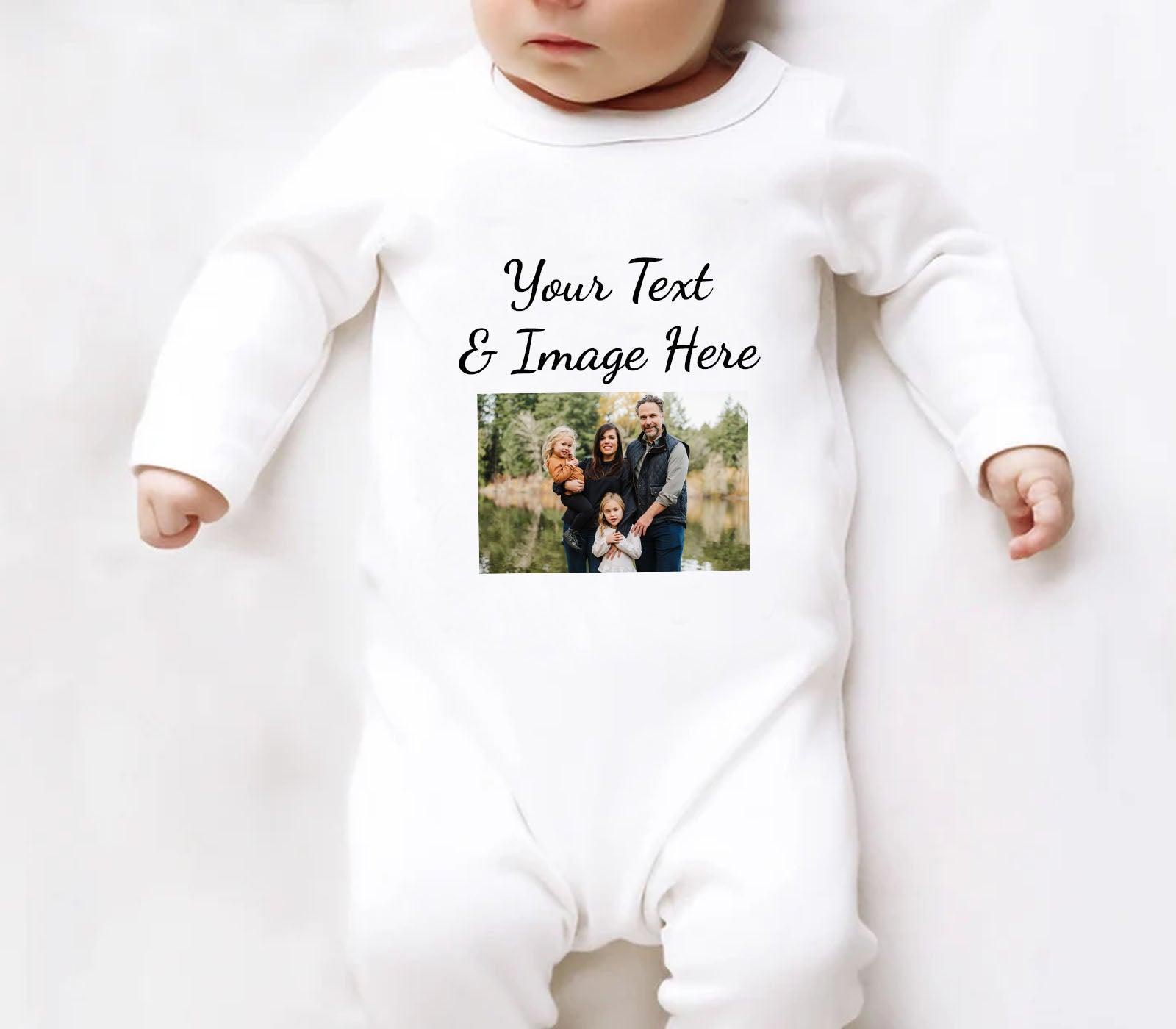 Custom white baby romper featuring personalised text and image design. Soft, breathable cotton, ideal for newborns and special occasions like baby showers or birthdays.