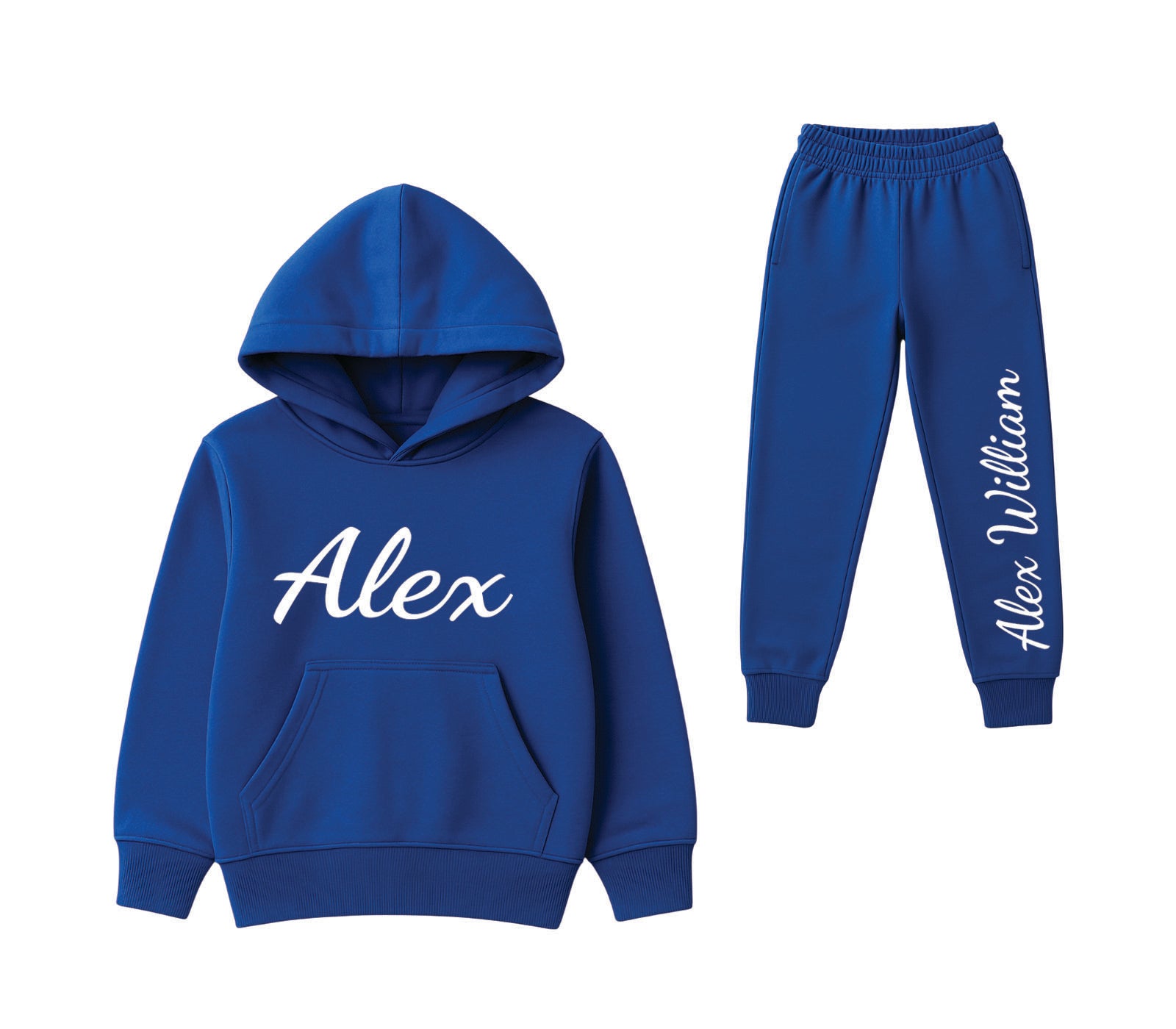 Blue tracksuit with custom text and logo, comfortable athletic wear for gym, jogging, or street style