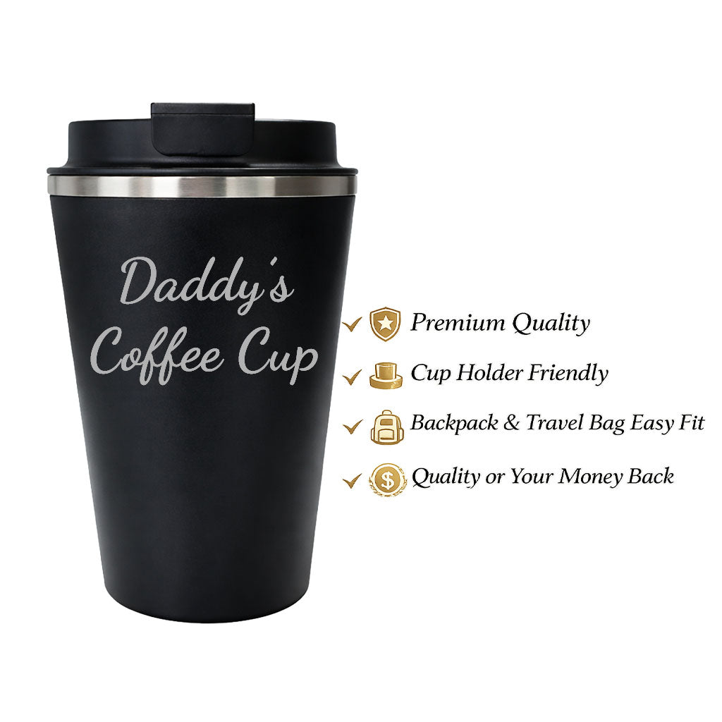 Black personalised travel mug with custom name engraving ideal gift coffee cup for dad