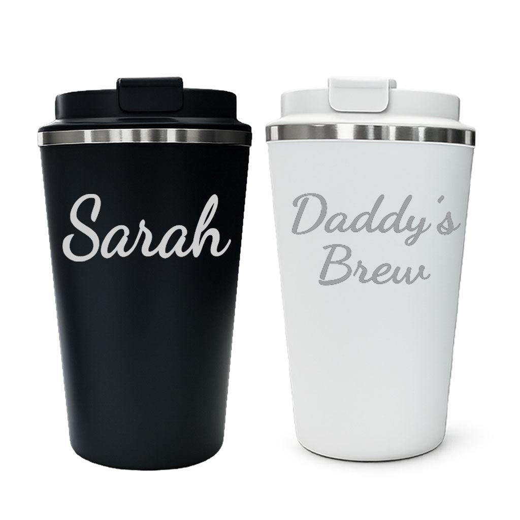 Custom name travel mug personalised coffee cup in black and white with modern design