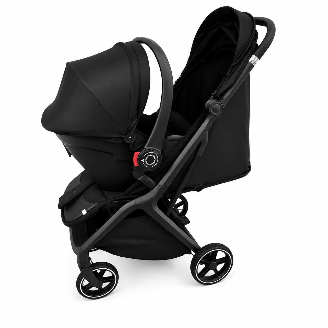 A black baby stroller and matching infant car seat travel system, shown from a three-quarters angle on a clean white background.
