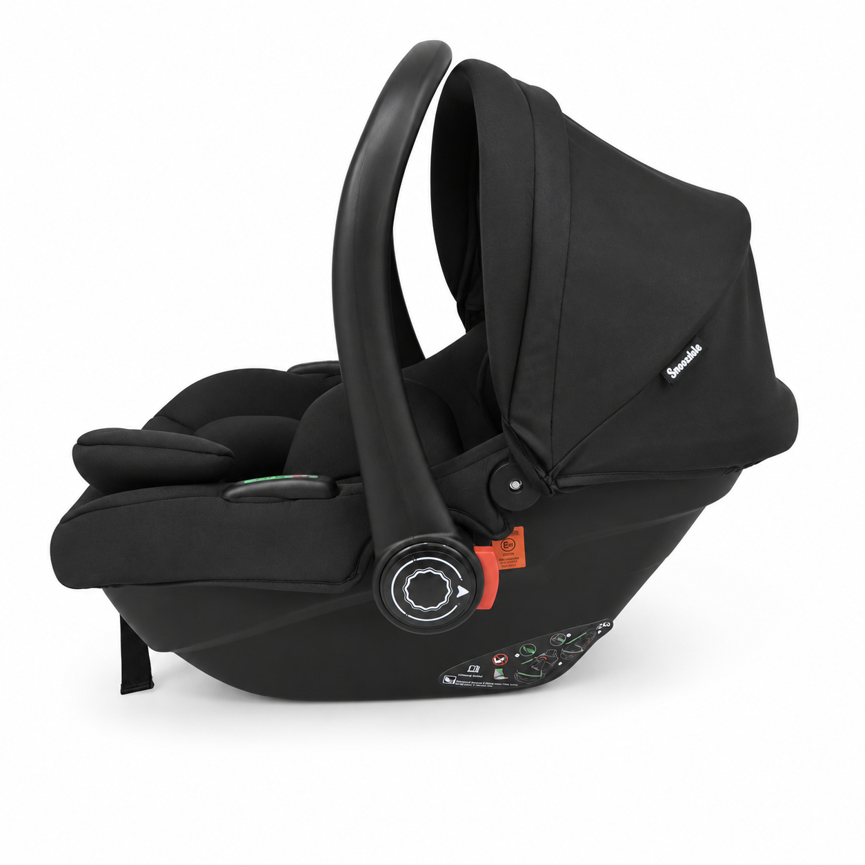 A black BabyJourney infant car seat shown from a side profile view against a solid white background.