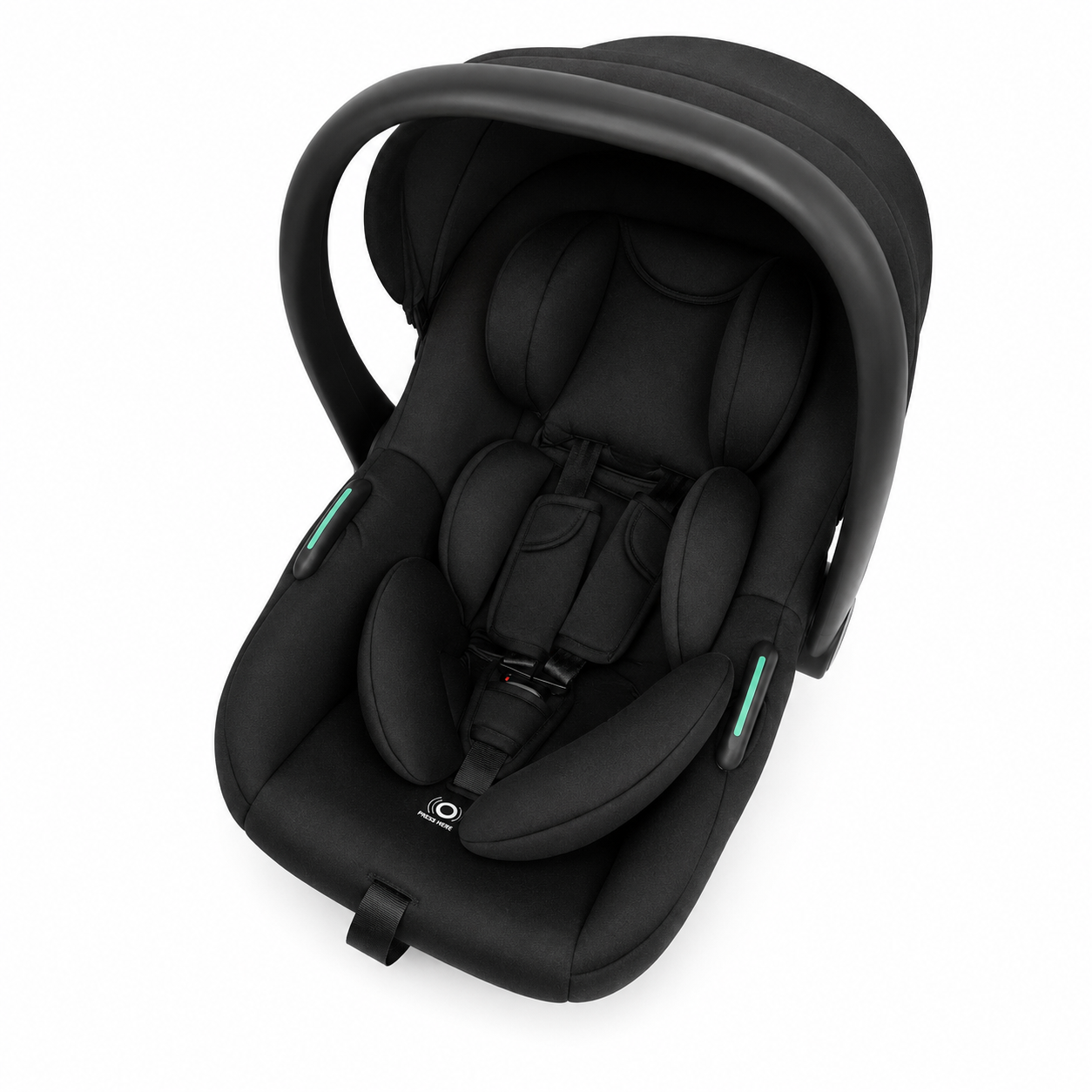 A black infant car seat with a matching black canopy, shown from a high-angle perspective on a solid white background.