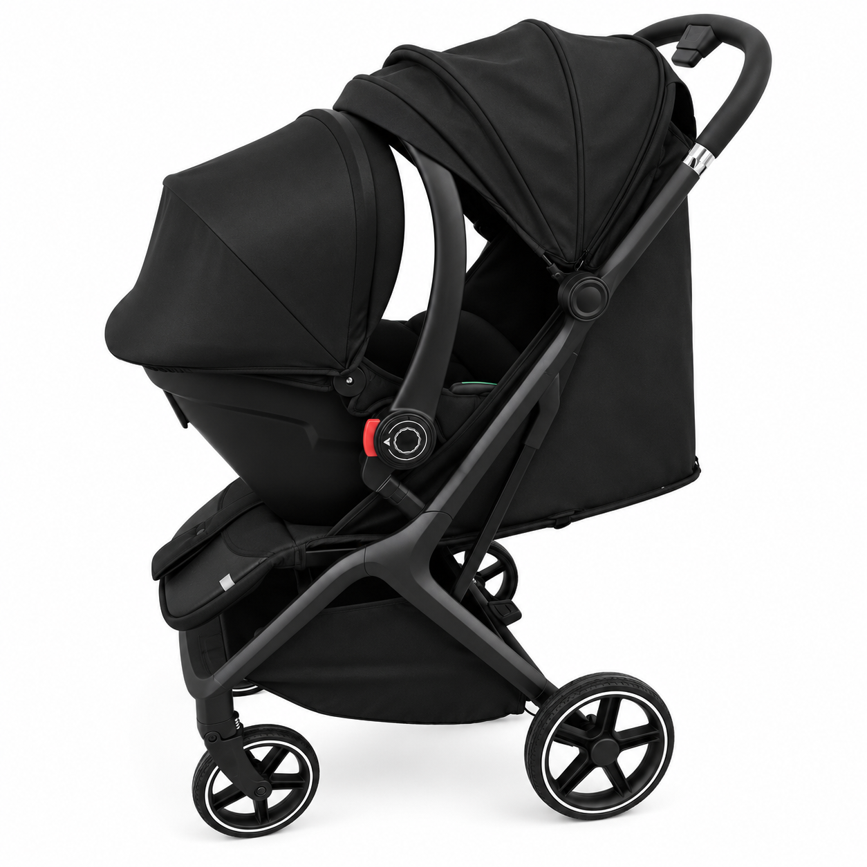 A black stroller and infant car seat travel system with a matching canopy, shown on a clean white background. The stroller features a dark gray frame and black wheels with silver accents.