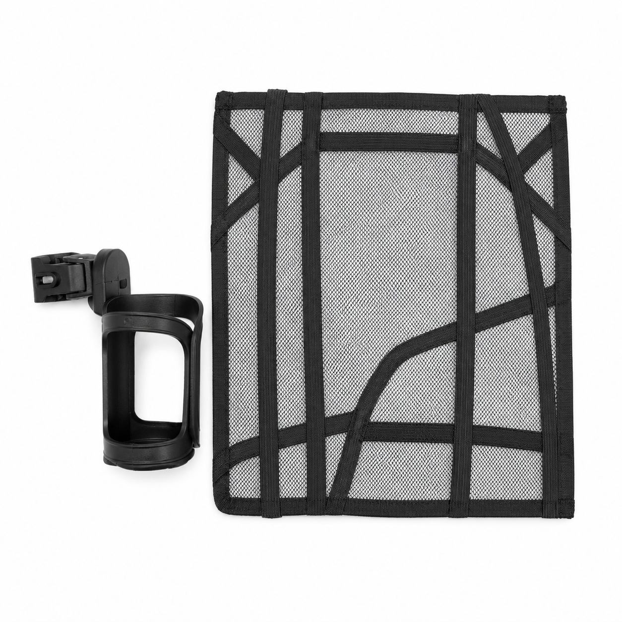 Black mesh cargo net with black webbing straps and a black plastic mounting clip, shown on a plain white background.