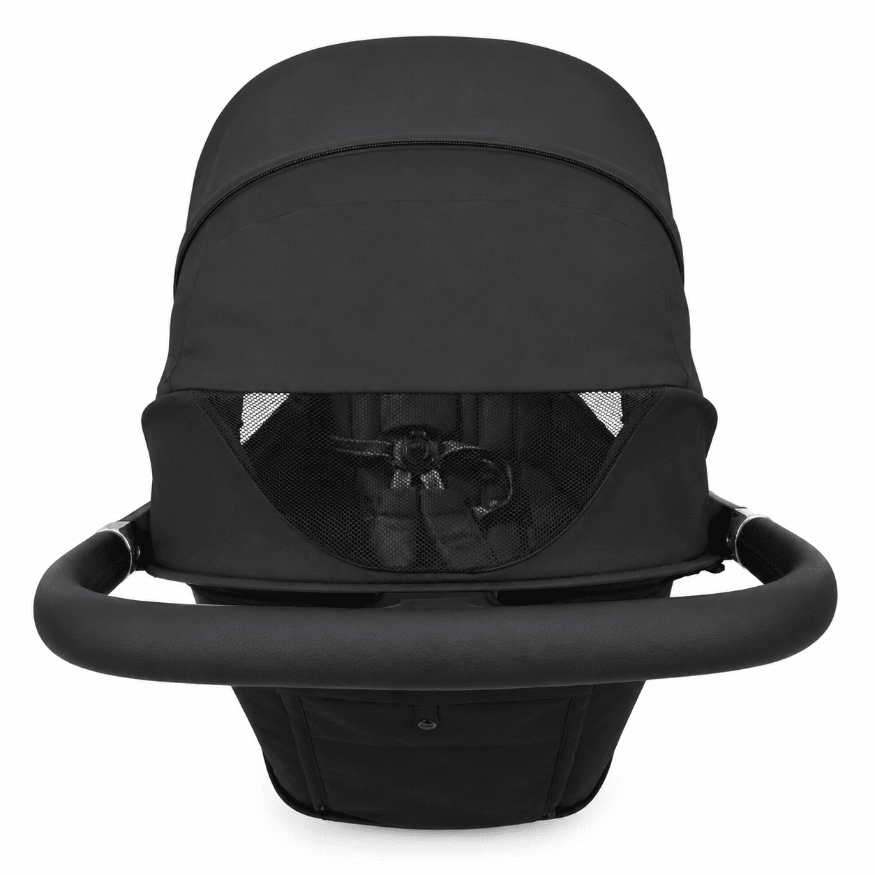 A black baby car seat with a matching black canopy and handle, shown from a front-facing perspective against a plain white background.
