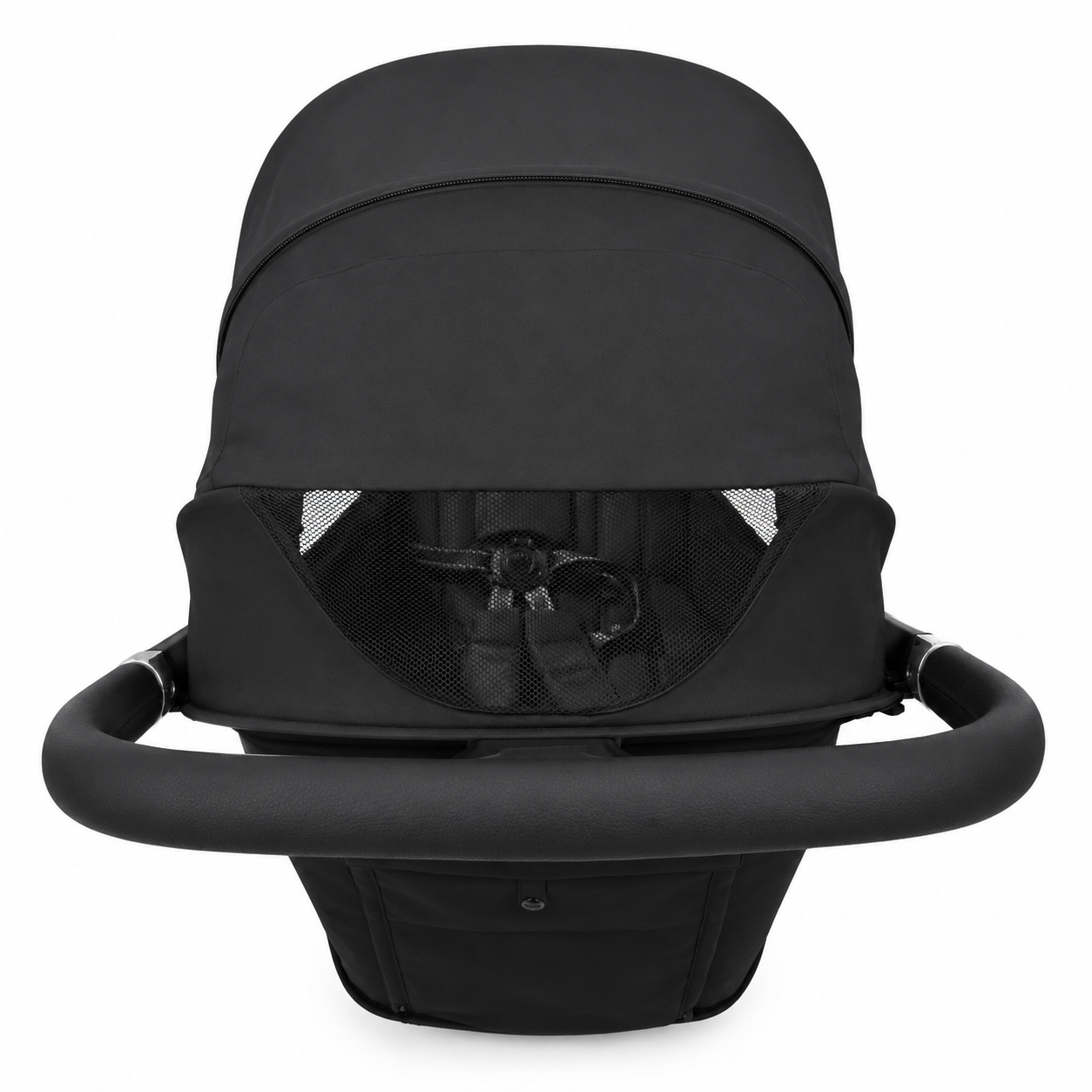 A black baby car seat with a matching black canopy and handle, shown from a front-facing perspective against a plain white background.