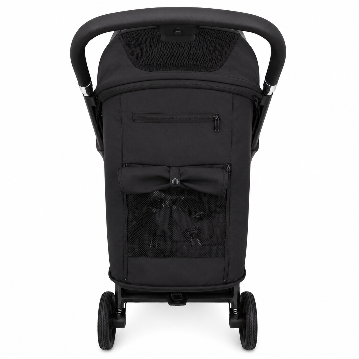 A black stroller shown from the front against a solid white background, featuring a black canopy, handle, wheels, and a front mesh storage pocket with a matching black bow.
