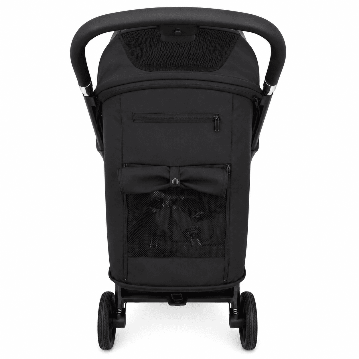 A black stroller shown from the front against a solid white background, featuring a black canopy, handle, wheels, and a front mesh storage pocket with a matching black bow.