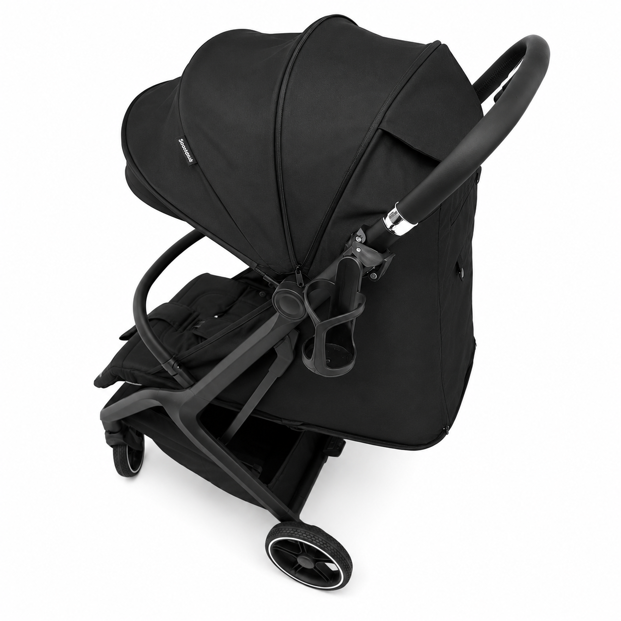 A black stroller with a matching canopy and dark gray frame, shown from a high-angle perspective on a clean white background.