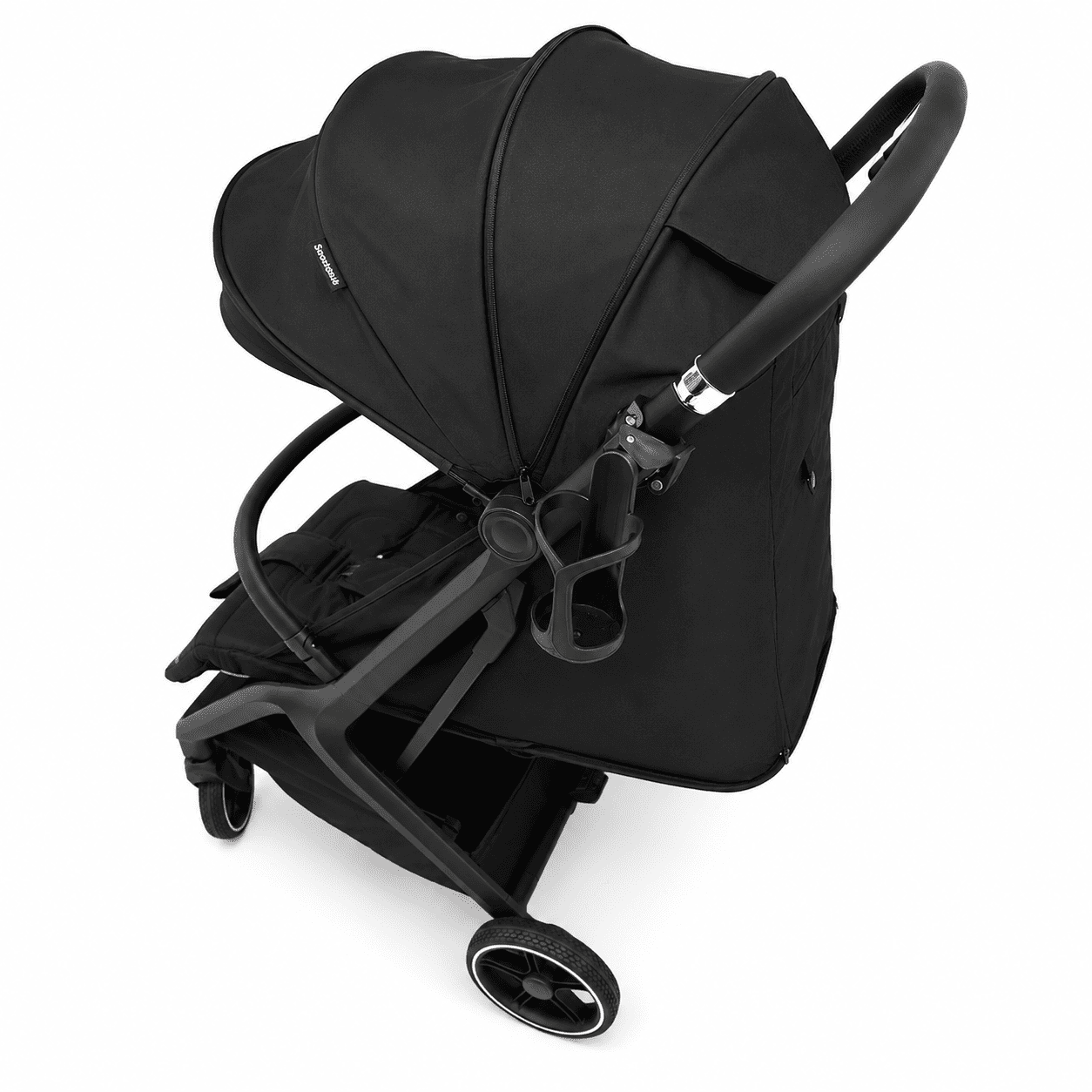 A black stroller with a matching canopy and dark gray frame, shown from a high-angle perspective on a clean white background.