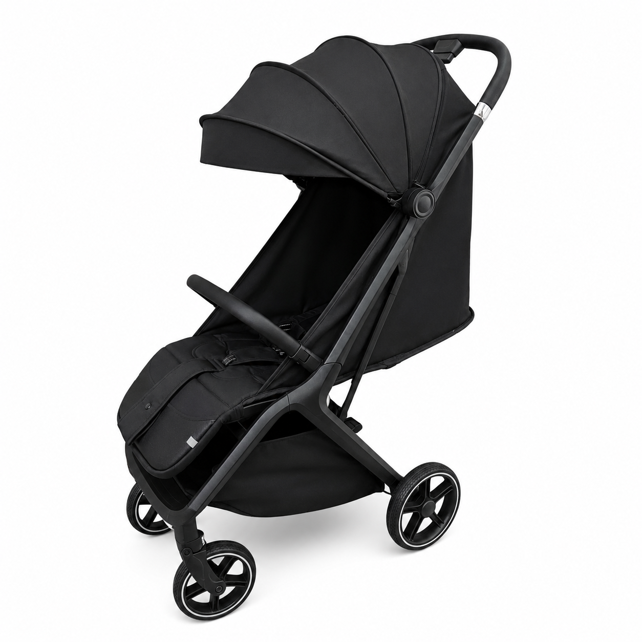 A black stroller with a matching canopy and footmuff, shown from a three-quarters angle on a solid white background.