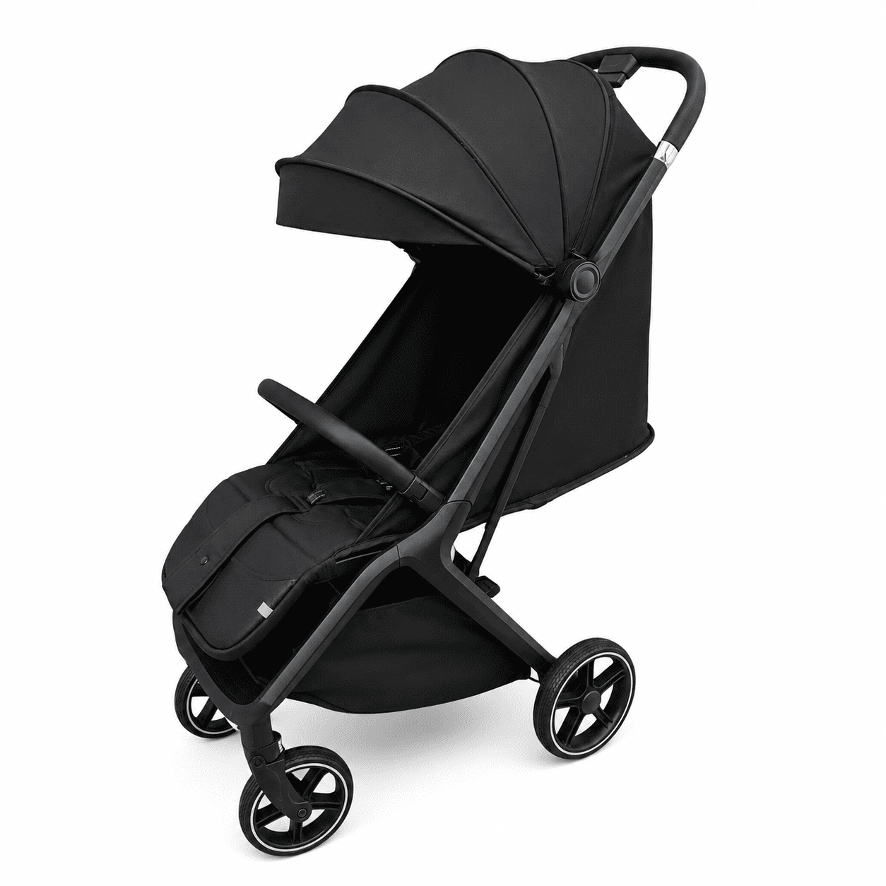 A black stroller with a matching canopy and footmuff, shown from a three-quarters angle on a solid white background.