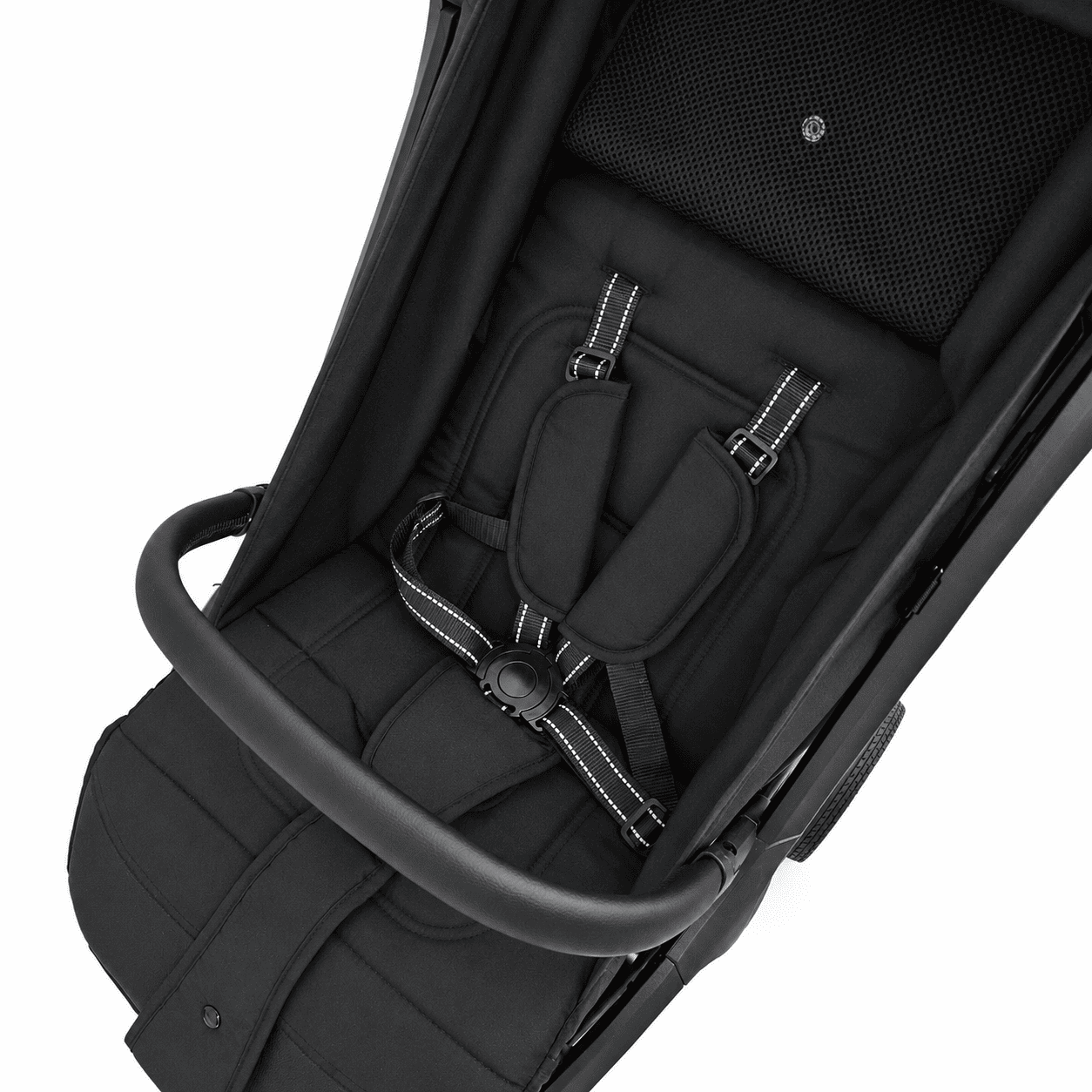 5 Point safety harness giving full security and comfort for child. Detachable arm bar and reclining seat  for cosy naps. 