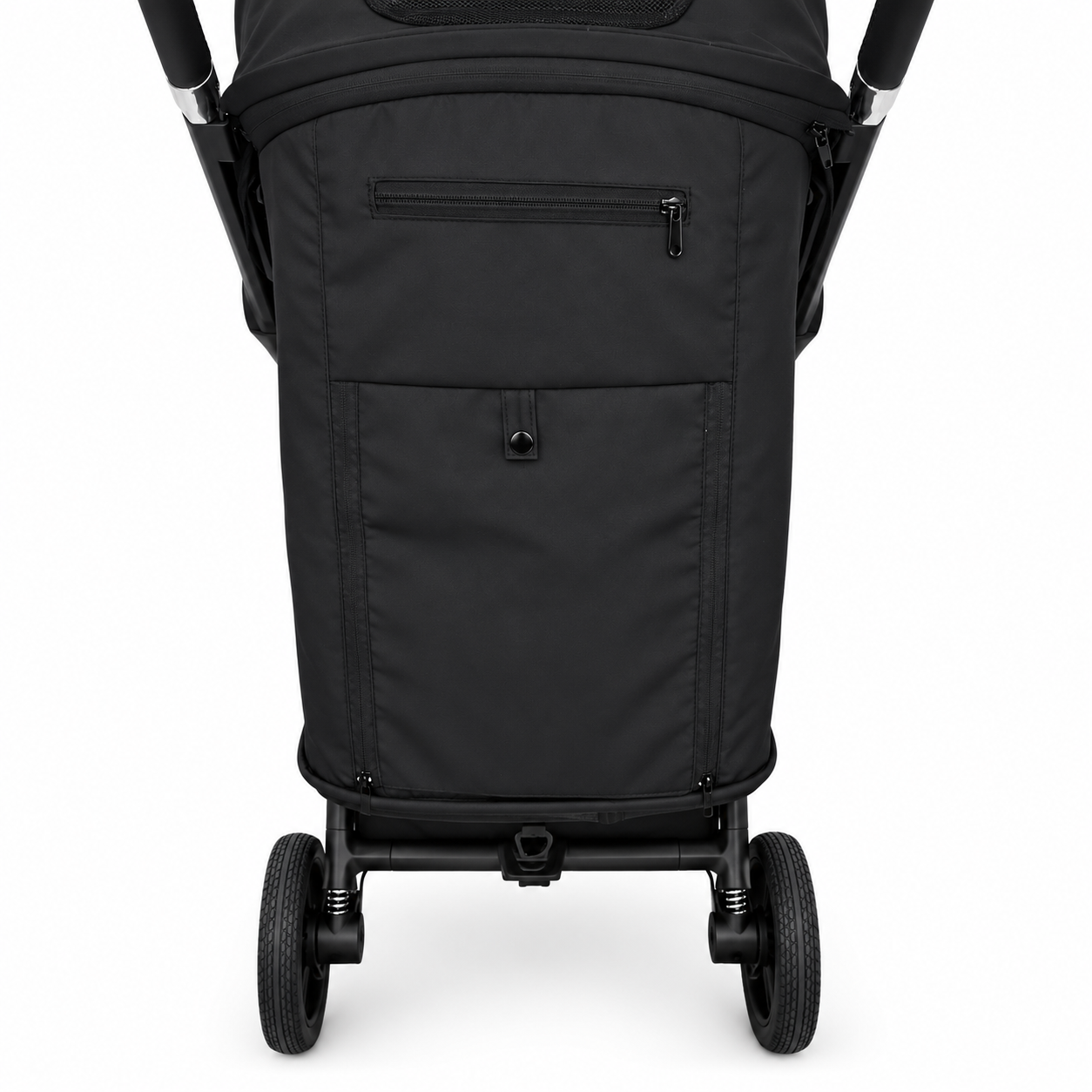 A close-up rear view of a black stroller basket with a zippered front pocket and black wheels, shown on a clean white background.