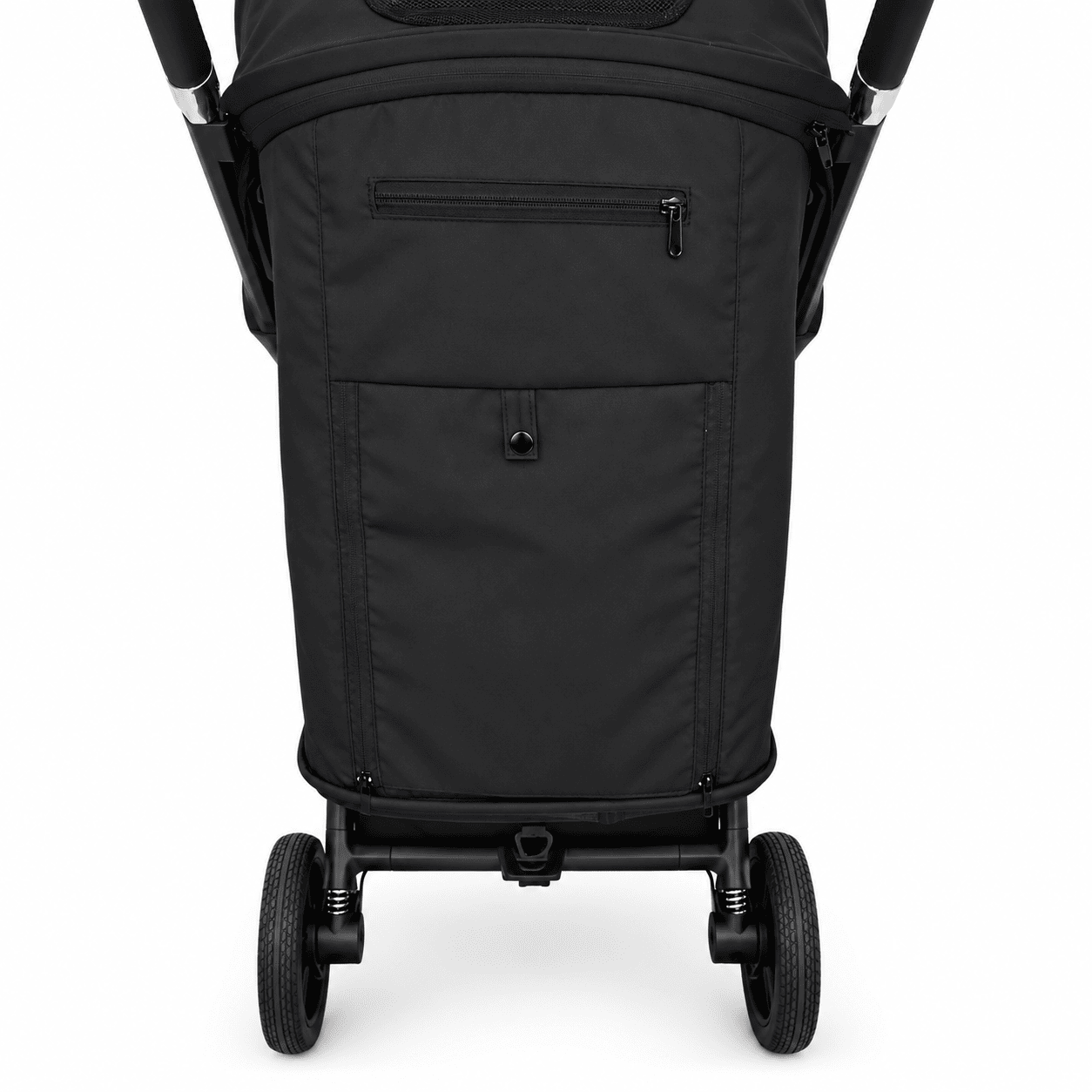 Zipped compartment and zipped ventilation canopy for hot days. 