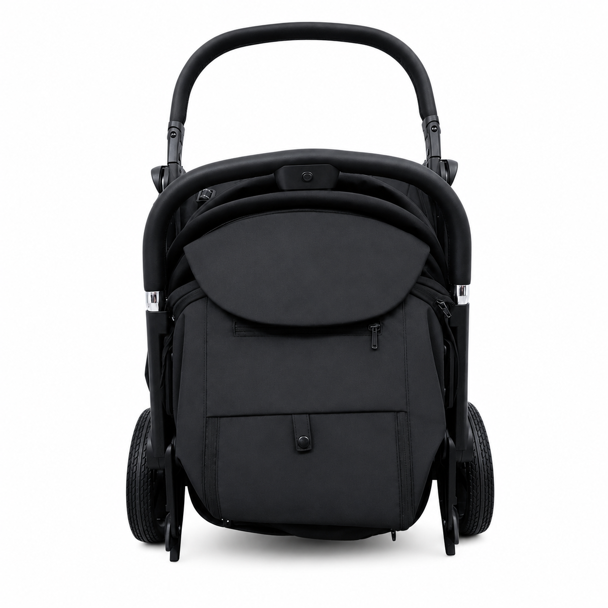A black stroller with a matching black diaper bag attached, shown from the front on a clean white background.