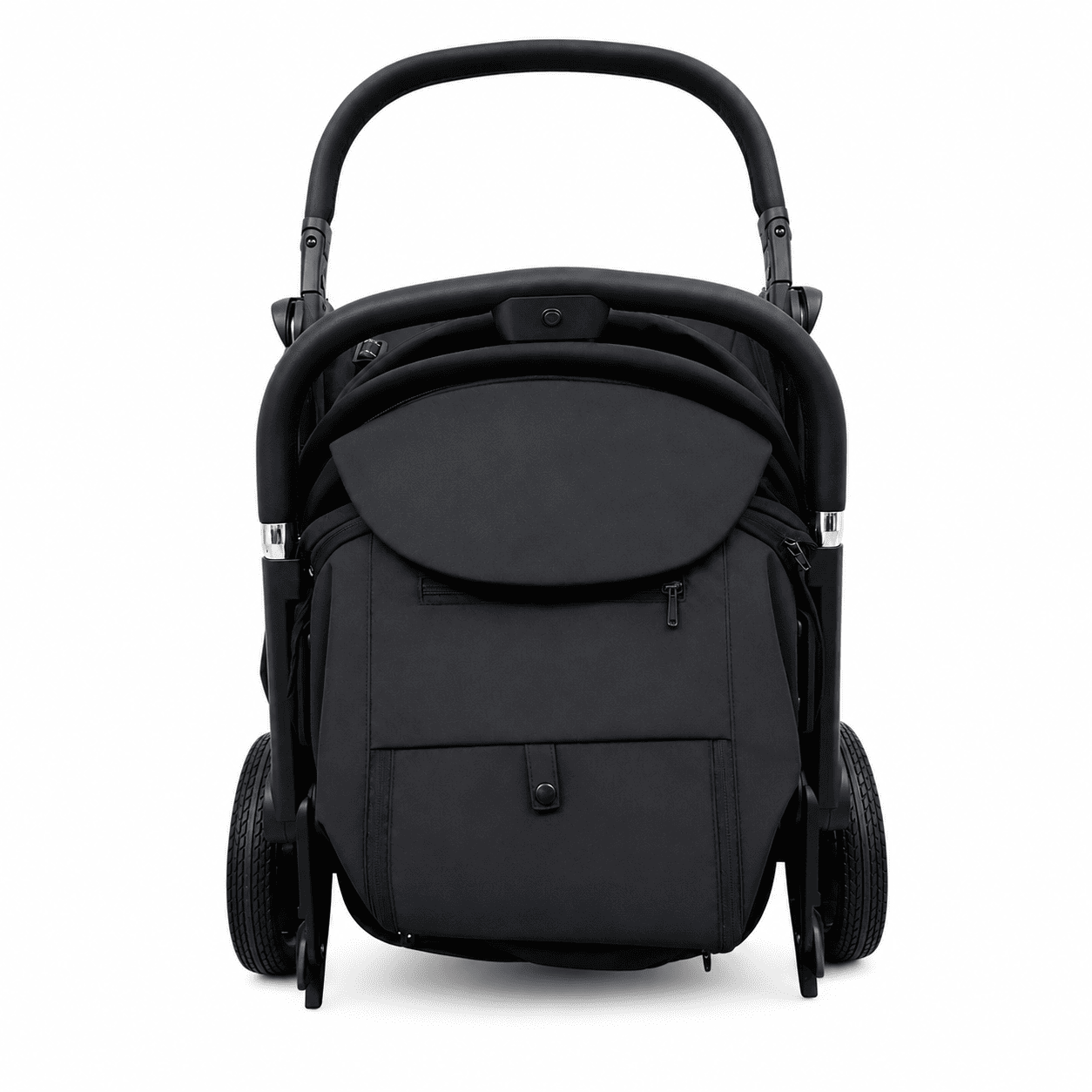 A black stroller with a matching black diaper bag attached, shown from the front on a clean white background.