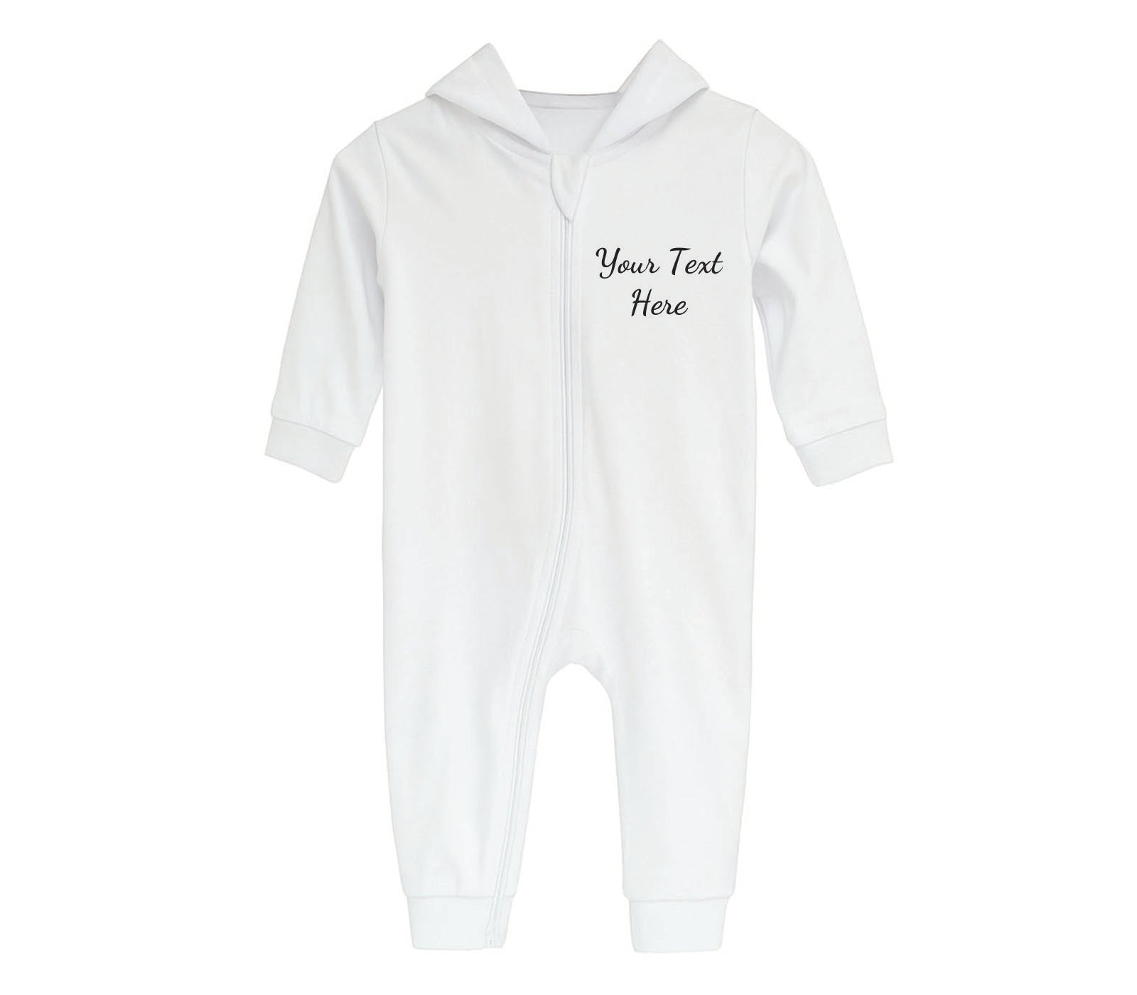 Handmade personalised baby sleepsuit in pure white cotton, zip-up design with hood, customisable for newborns and toddlers, stylish baby gift idea