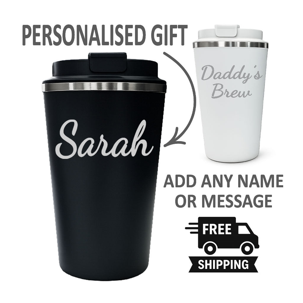 Personalised travel mug with custom name coffee cup gift available in black and white with free shipping
