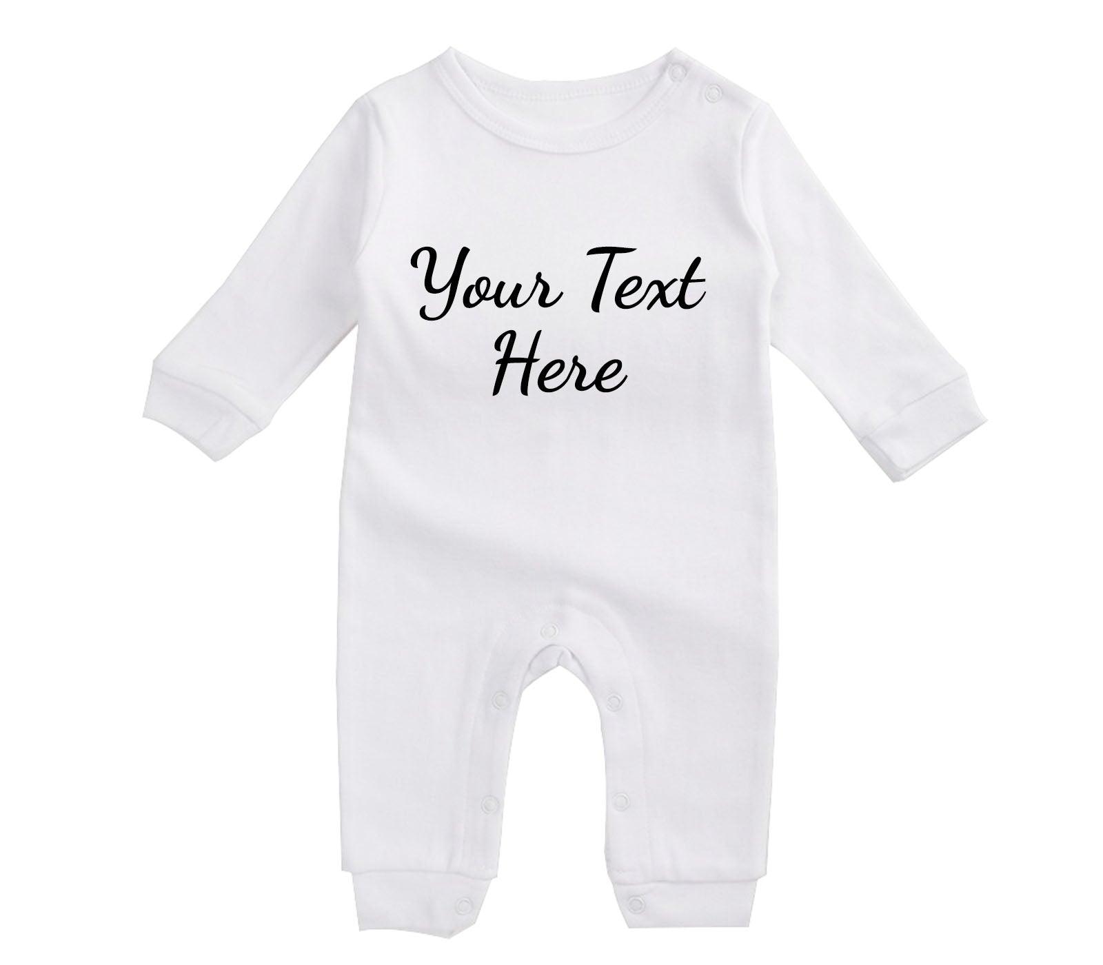 Personalised white baby romper with custom text application. Made from soft cotton, perfect for newborns, baby showers, and unique gifts. Ideal for personalising with your baby's name.