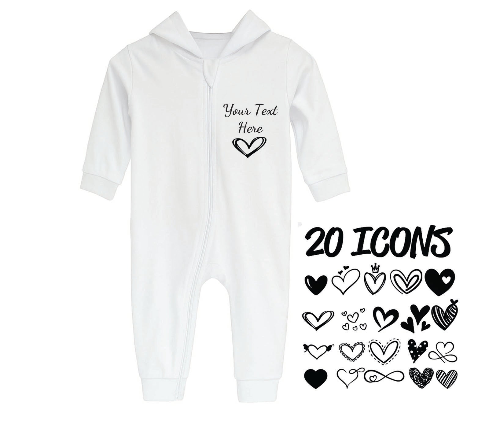 Personalised white baby sleepsuit with zip and hood, ideal for newborns, crafted from soft organic cotton, perfect custom gift for baby showers or birthdays.