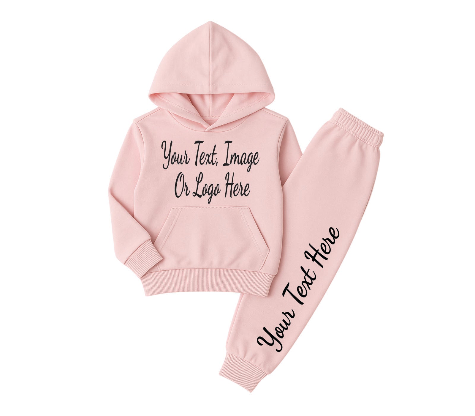 Front view of a pink kids tracksuit for ages 1 to 6, featuring a soft hoodie and jogger pants—ideal toddler outfit for play, daycare, and casual wear.