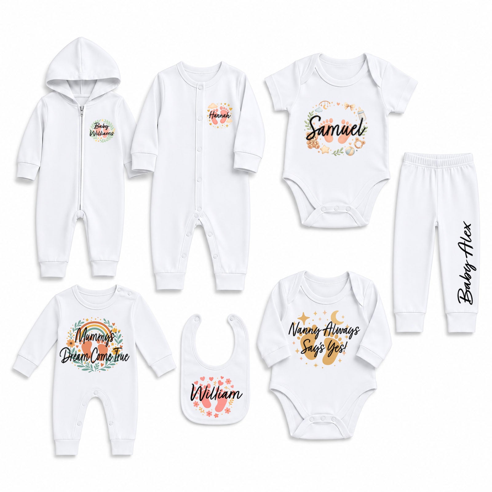 A coordinated baby clothing set laid out on a white background, including a zip-front hooded romper, long-sleeve bodysuit, short-sleeve bodysuit, pants, a bib, and two bodysuits with personalized names and floral graphics.
