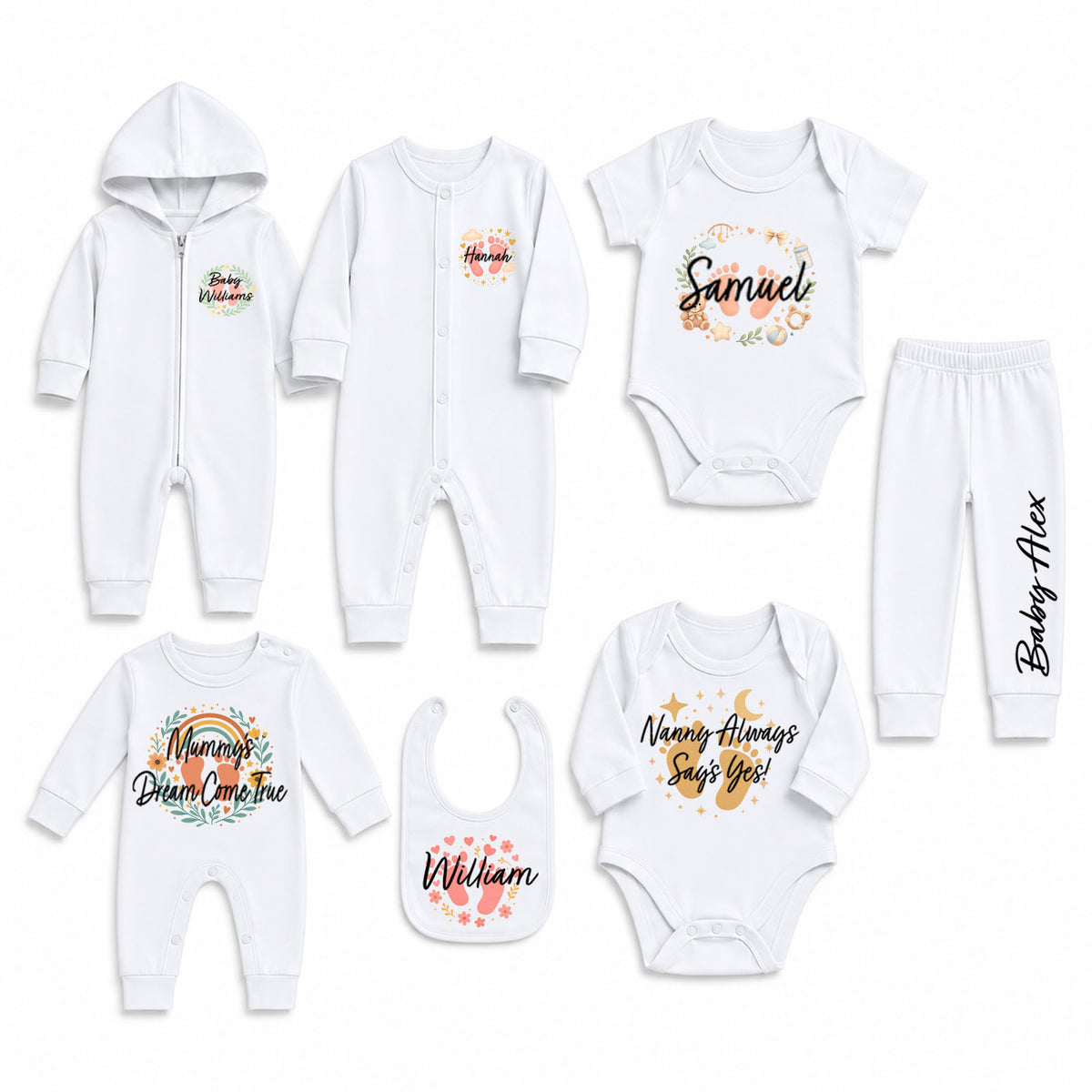 A coordinated baby clothing set laid out on a white background, including a zip-front hooded romper, long-sleeve bodysuit, short-sleeve bodysuit, pants, a bib, and two bodysuits with personalized names and floral graphics.