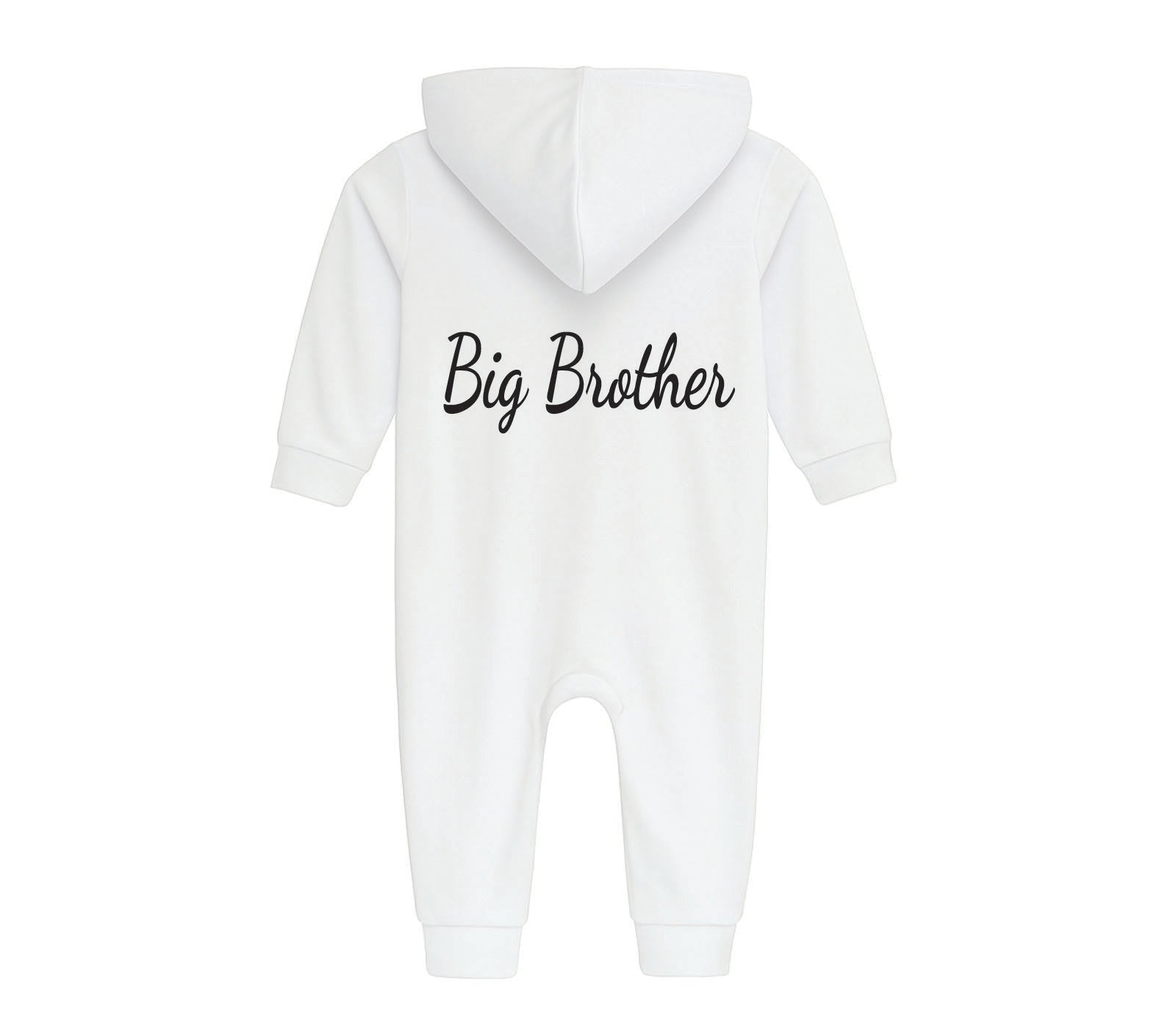 White baby sleepsuit with hood and zipper, personalised embroidery option, comfortable organic cotton outfit for newborns to 18-month-old babies