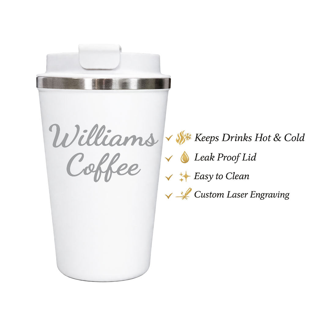 White personalised travel mug insulated coffee cup with leak proof lid and custom engraving